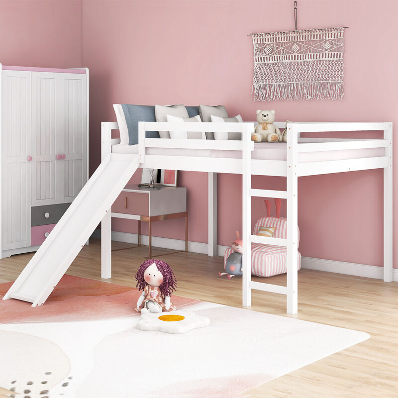 Whisen Full Loft Bed with Slide, Multifunctional Design- White