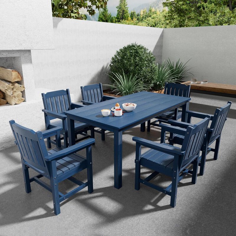 Polywood Patio Dining Set, HIPS Outdoor 70.9-Inches Table and Slat Back Chairs, with Umbrella Hole, Weather Resistant (Navy Blue, 7 Piece)