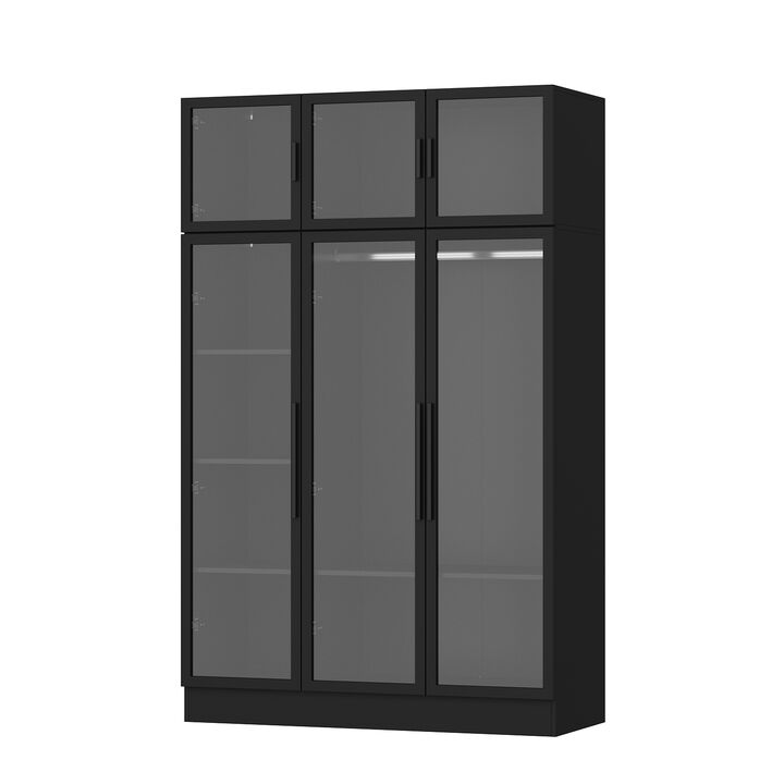 Black Wood Glass Doors Armoires Metal Frame Wardwore with LED Lights, Hanging Rod (74.8 in. H x 47.2 in. W x 19.2 in. D)
