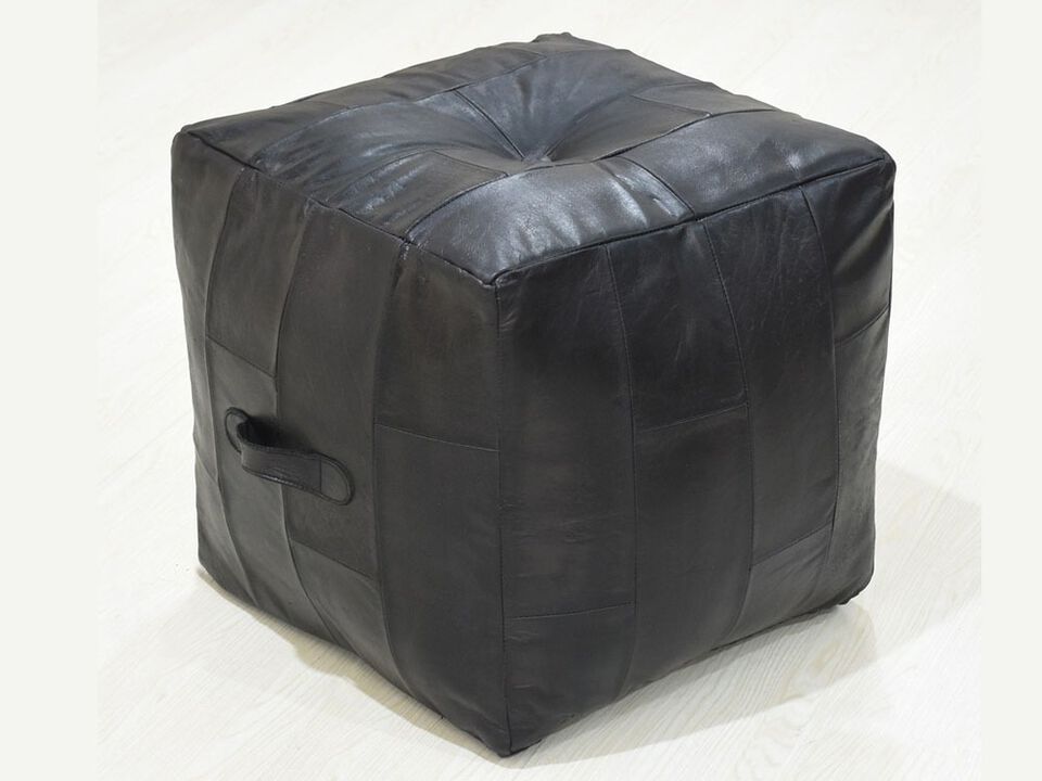 Geometric Handmade Leather Square Pouf 14"x14"x14" (Recycled Foam with Fibre Fill) Black Color MABBBACPF25 BBH Homes