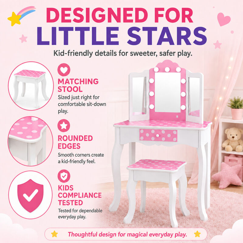 Teamson Kids Engineered Wood Vanity Set with LED Lighted Tri-Fold Acrylic Mirror, Storage Drawer & Stool, White/Pink, Fantasy Fields Gisele Polka Dot image number 3