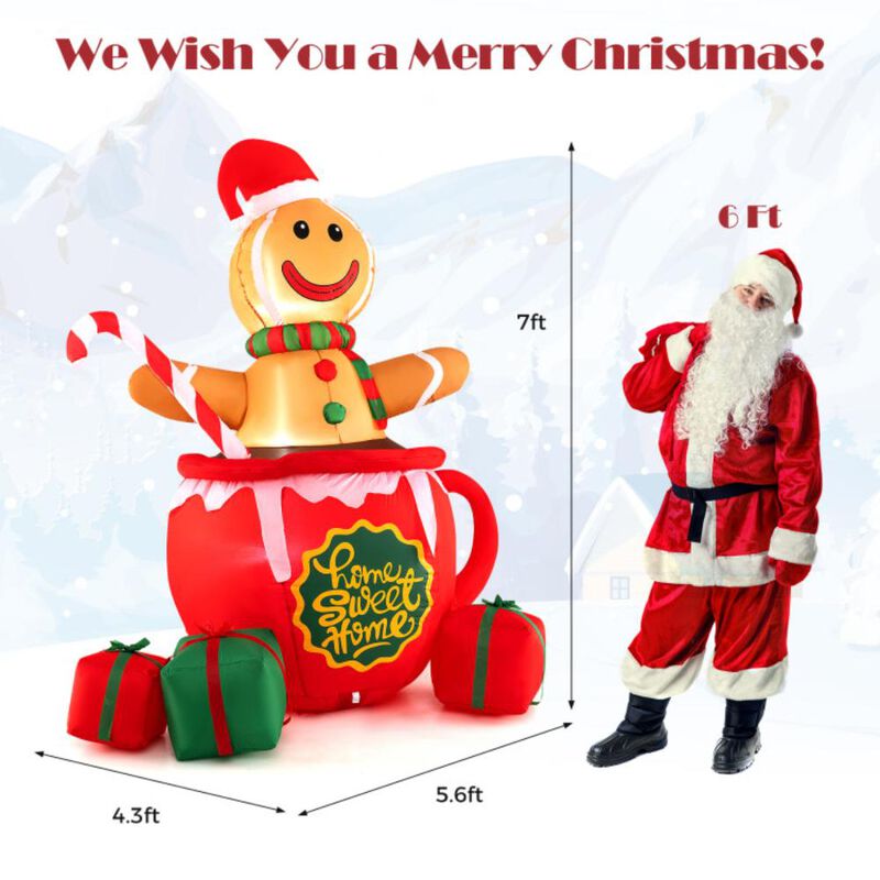 Hivvago 7 Feet Inflatable Gingerbread Man in Hot Cocoa Mug with Built-in LED Lights and Gift Boxes