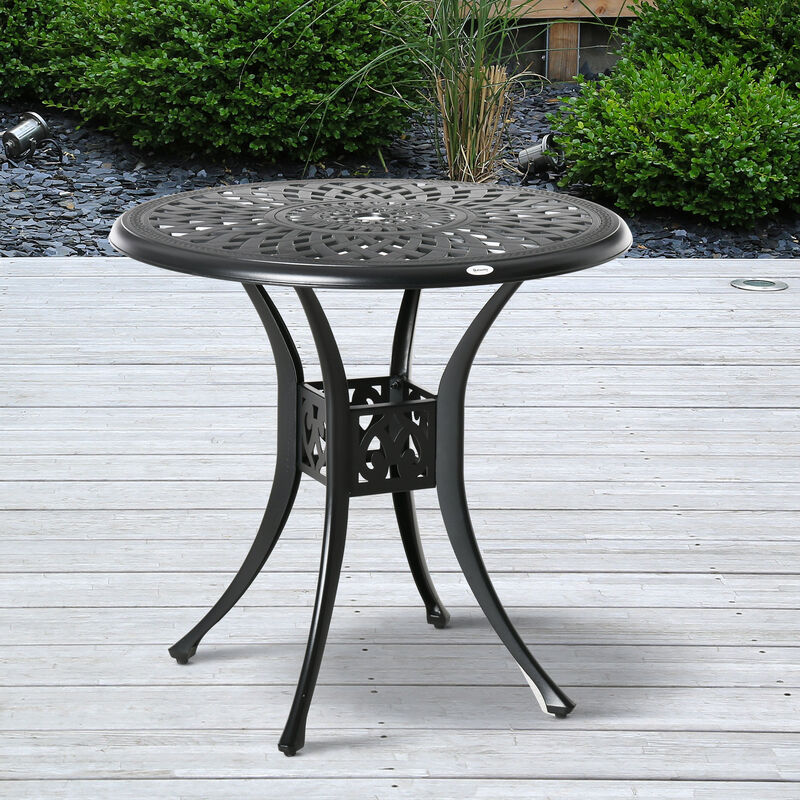 Outsunny 30" Round Patio Dining Table with Umbrella Hole, Antique Cast Aluminum Outdoor Bistro Table Only, Black