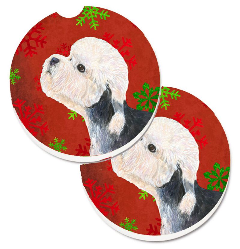 Caroline's Treasures Dandie Dinmont Terrier Red green Snowflakes Christmas Set of 2 Cup Holder Car Coasters SS4710CARC, 2.56, Multicolor image number 0