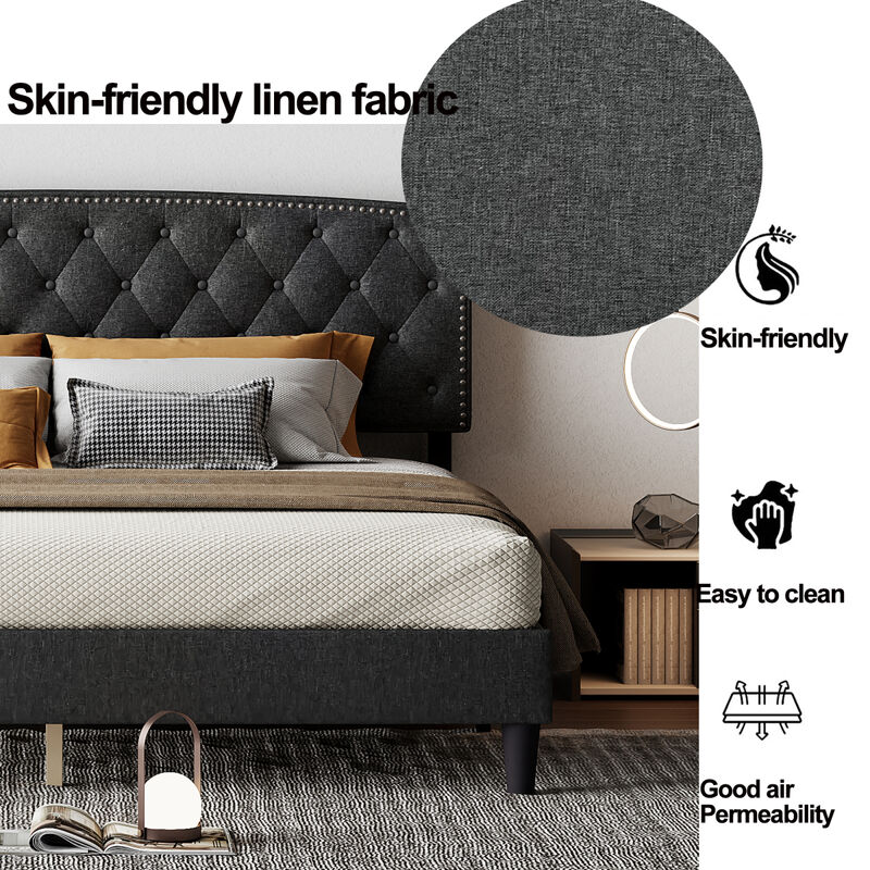 King size Adjustable Headboard with Fine Linen Upholstery and Button Tufting for Bedroom, Wave Top Dark Grey