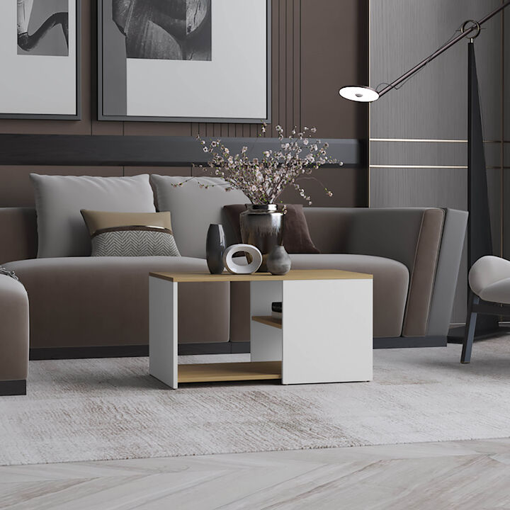 Faison Coffee Table, 2 Shelves, White / Natural Oak