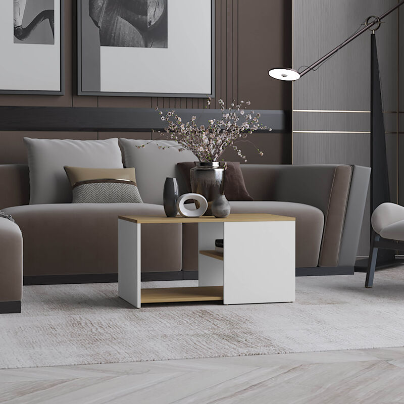 Faison Coffee Table, 2 Shelves, White / Natural Oak