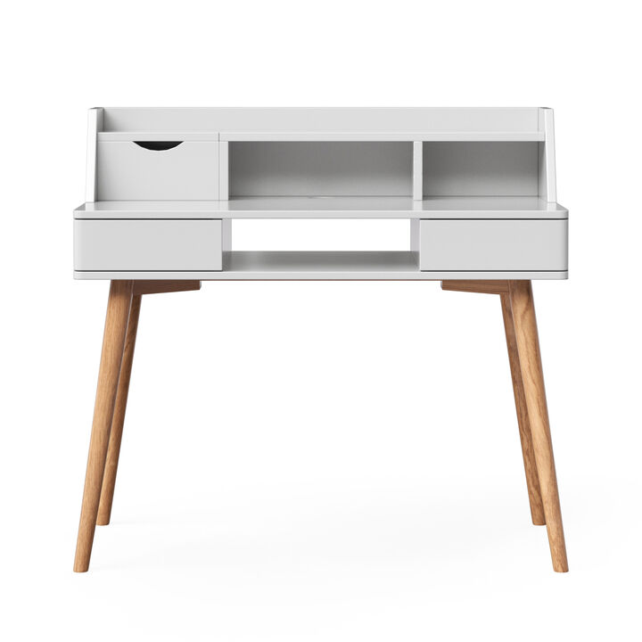 Teamson Writing Desk with Hutch, Drawers, Flip Drawer, Cubbies, Cable Opening, White MDF & Natural Wood Legs, Compact Office Desk for Home, Creativo Collection