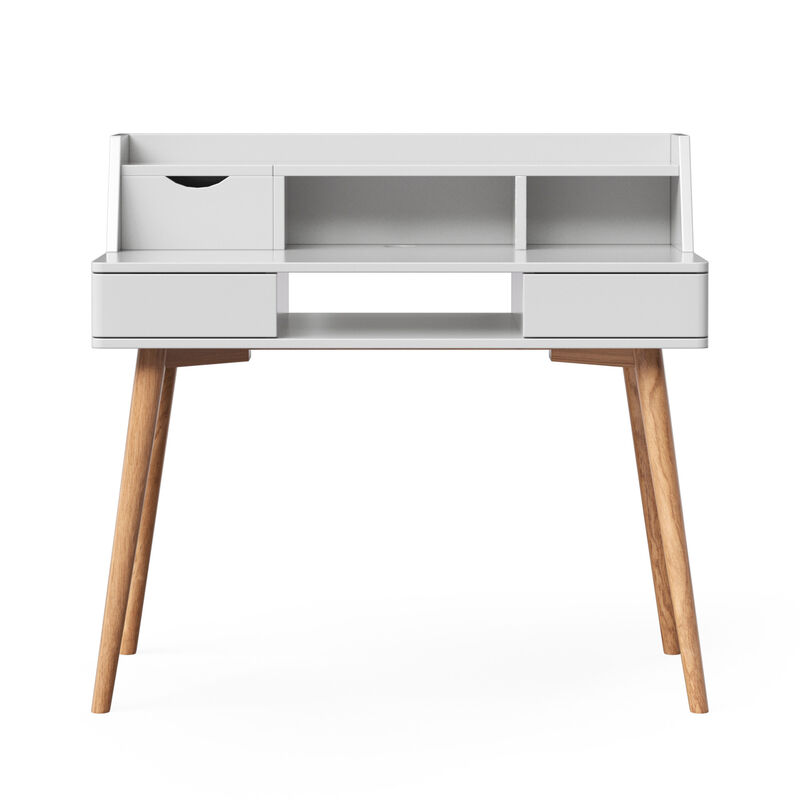 Teamson Writing Desk with Hutch, Drawers, Flip Drawer, Cubbies, Cable Opening, White MDF & Natural Wood Legs, Compact Office Desk for Home, Creativo Collection image number 0