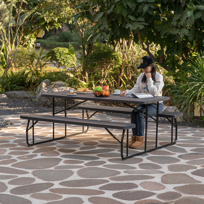 Outdoor Foldable Woodgrain Picnic Table Set with Metal Frame 6 Ft. Black