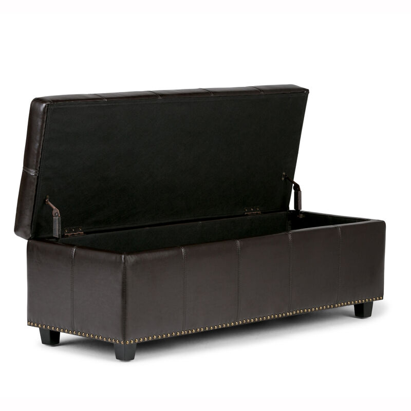 Kingsley 48 inch Wide Transitional Rectangle Large Storage Ottoman in Coffee Brown Faux Leather