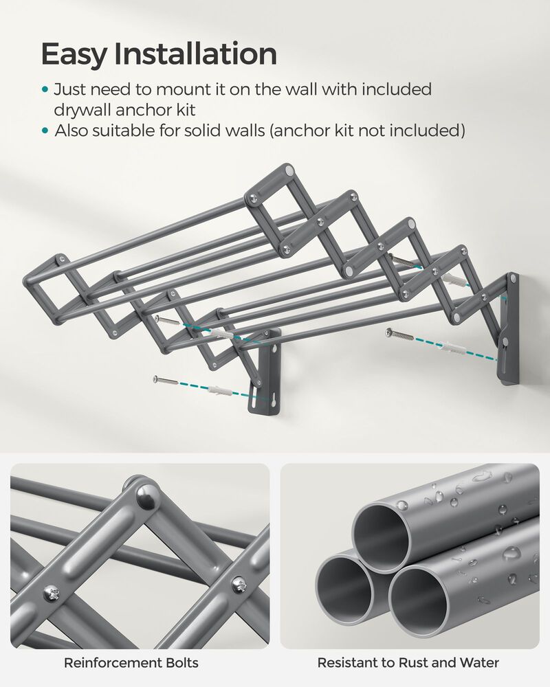 Wall-Mounted Expandable Steel Clothes Drying Rack with 9 Rods