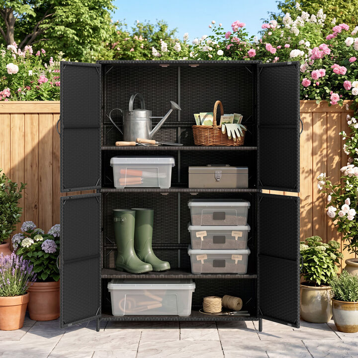 Durable Vertical Rattan Shed with 4 Doors Adjustable Shelves for Garden and Patio Use