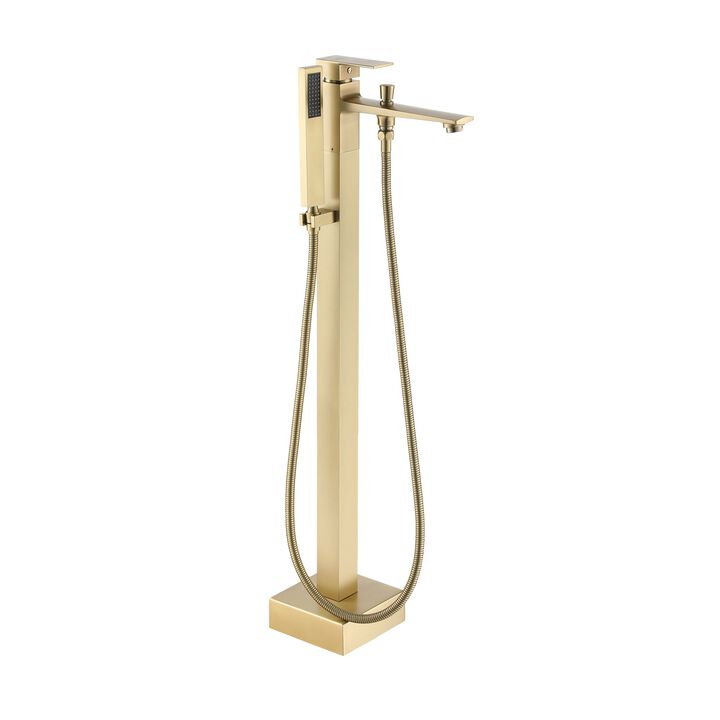 Mondawe One-Handle Brushed Nickel Floor Mount Freestanding Tub Faucet with Handheld Shower