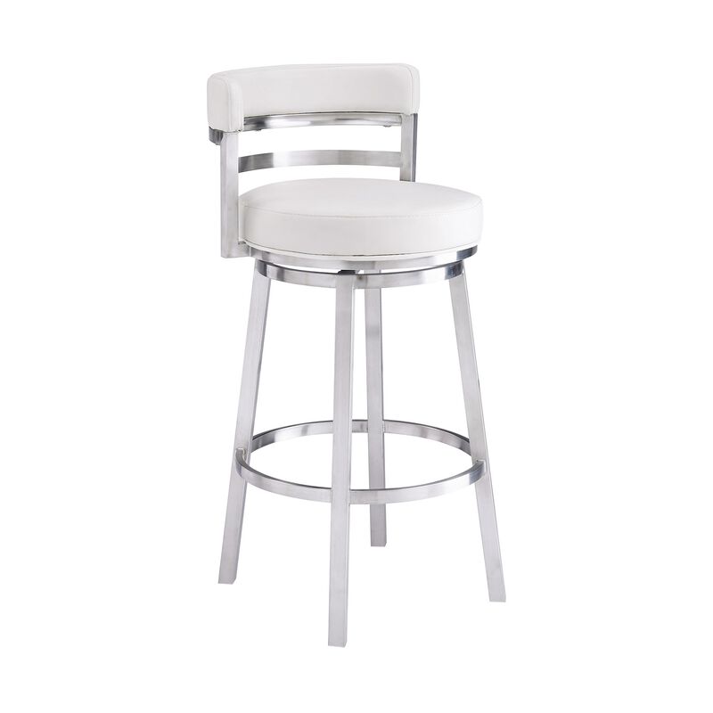 Eva 30 Inch Padded Swivel Bar Stool Chair, Steel Finish, White Faux Leather-Benzara image number 1