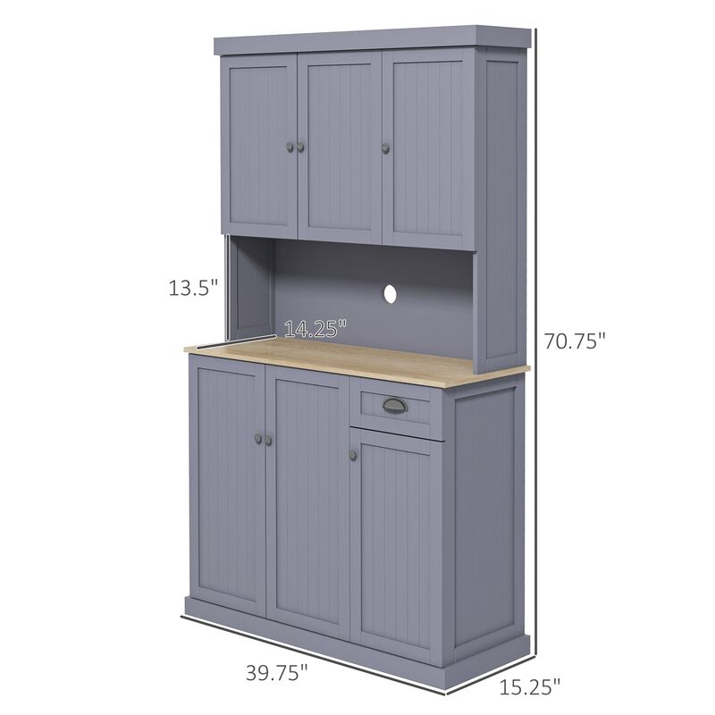 71" Buffet with Hutch, Farmhouse Kitchen Pantry Storage Cabinet with Microwave Oven Countertop, Drawer, Adjustable Shelves and Cupboard, Gray