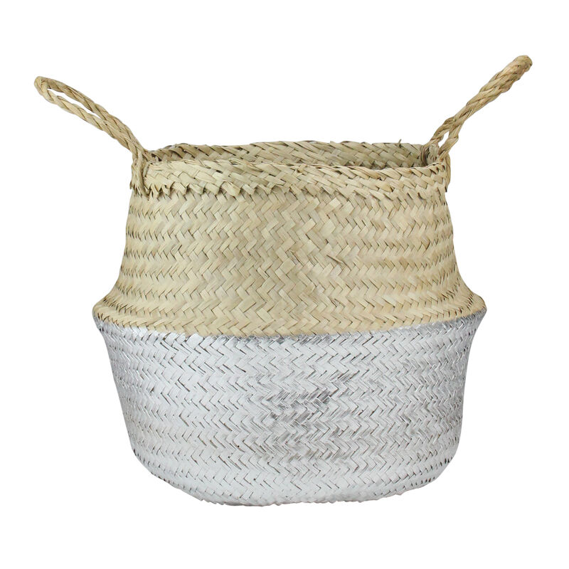 13" Beige and Silver Seagrass Belly Wicker Basket with Handles