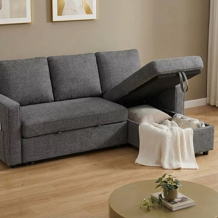 81" Sleeper Sofa Bed, 2 in 1 Pull Out Couch, Sectional Sofa with Reversible Storage, Side Pockets