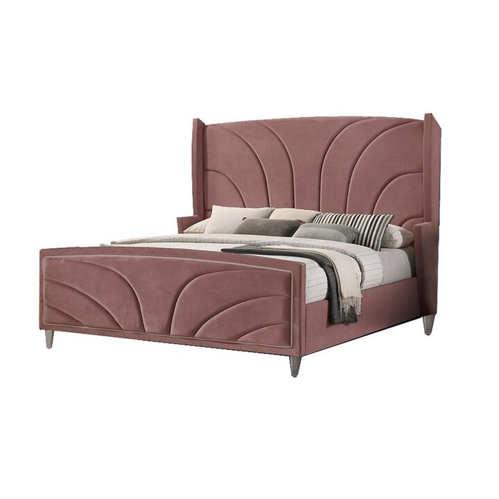 Kerith Modern Wood King Size Bed, Wingback Frame, Pink Velvet, Chrome Legs-Benzara