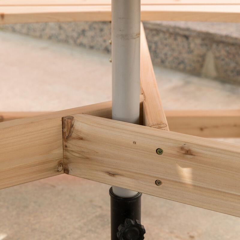 Wooden Outdoor Round Picnic Table with Bench for Patio, 6- Person with Umbrella Hole - Stained