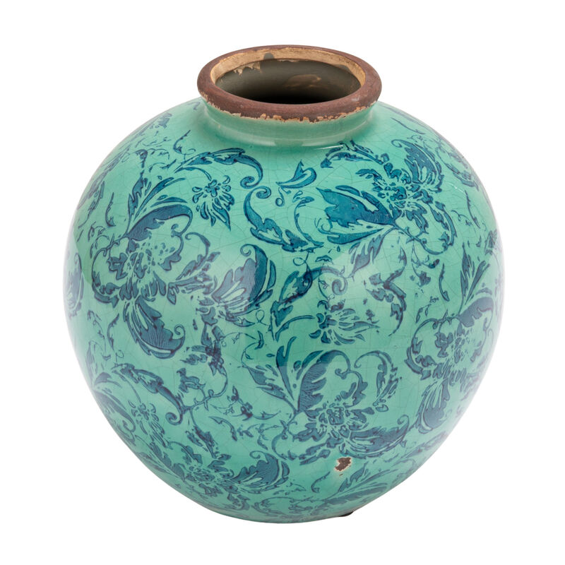 Round Decorative Terracotta Vase with Transferware Pattern, Aqua image number 0