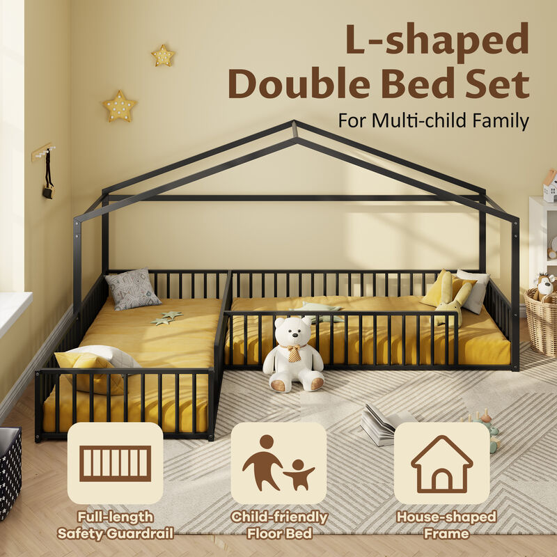 Merax Double Twin Size L-Shaped Montessori Bed, Metal Corner House Bed Frame with Fence image number 5