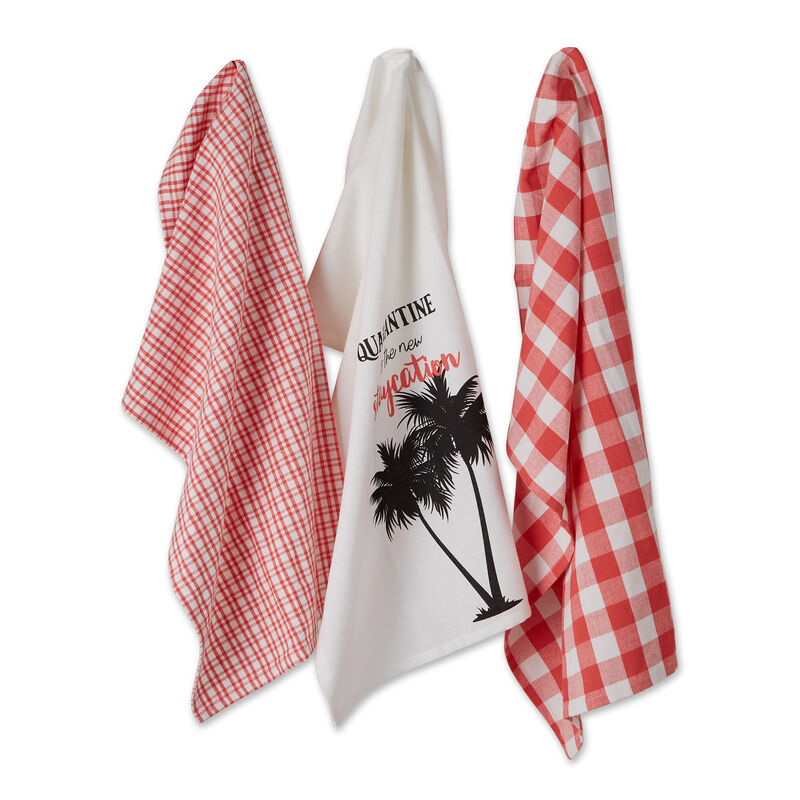 Set of 3 Red and White Quarantine Is The New Staycation Dish Towel  28"