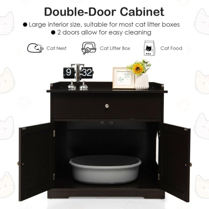 Hivvago Wooden Cat Litter Box Enclosure with Drawer Side Table Furniture