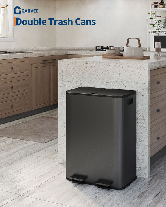 2&times;30L Dual Compartment Steel Step Trash Can, Soft Close Lid, Removable Inner Bucket, Odor Control Fingerprint Proof Recycling Bin