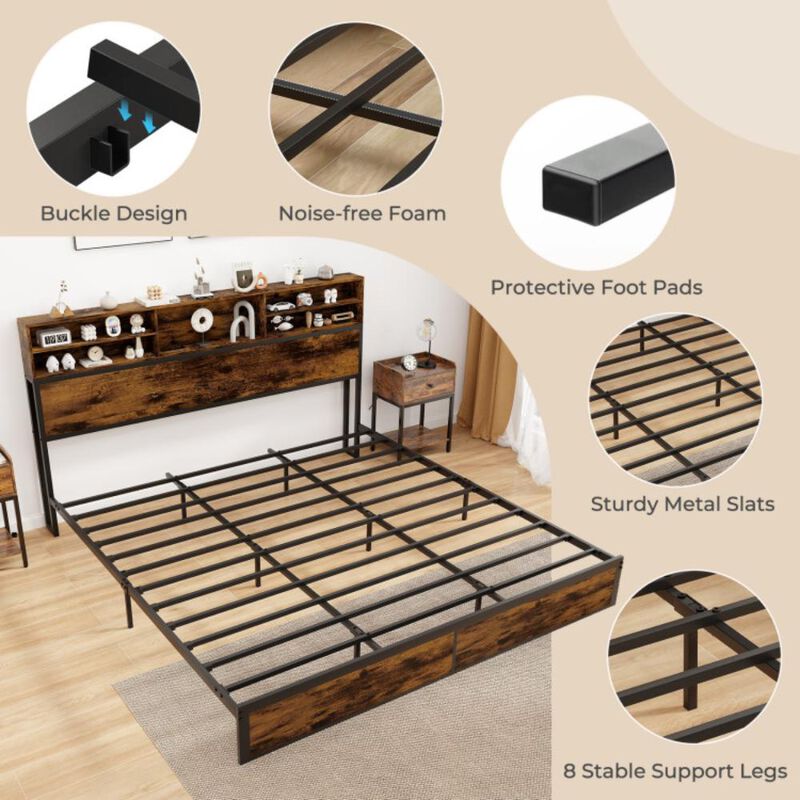 Hivvago Bed Frame with Storage Headboard Industrial Metal Platform Bed