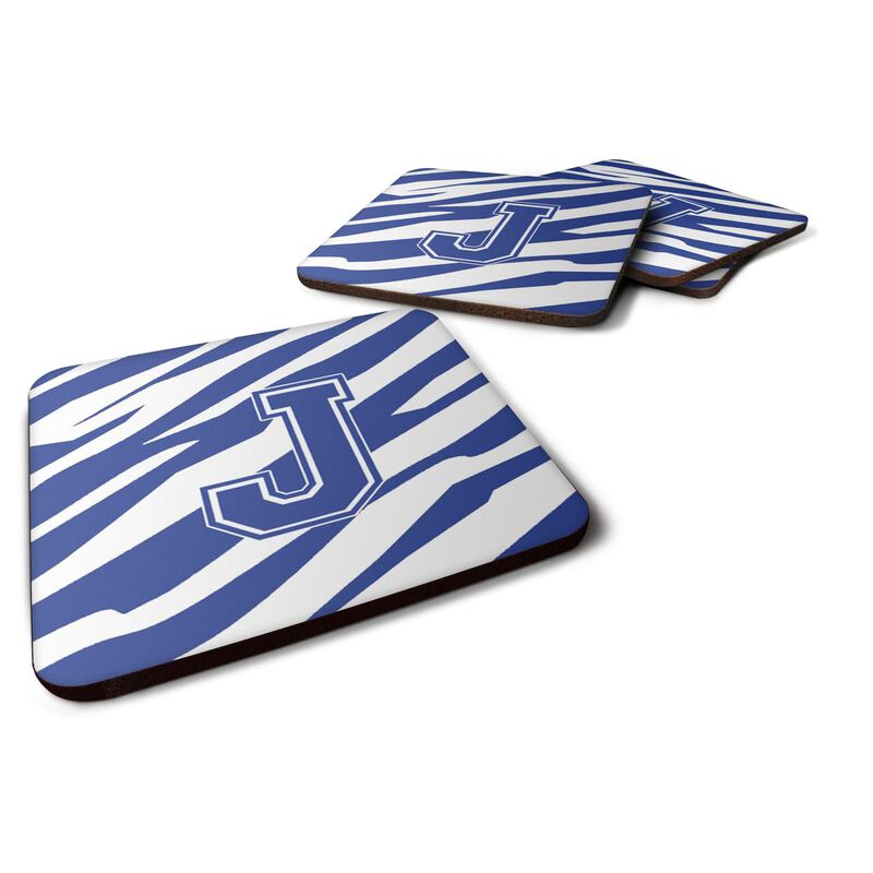 Caroline's Treasures CJ1034-JFC Monogram-Tiger Stripe Blue and White Foam Coasters (Set of 4), Initial Letter J, 3.5 H x 3.5 W, Multicolor
