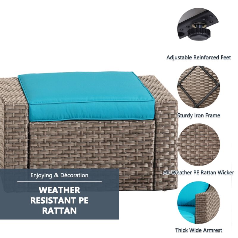 Pool Patio Garden Square PE Rattan Wicker Brown Outdoor Ottoman Foot Stool With Coffee Table Cushions