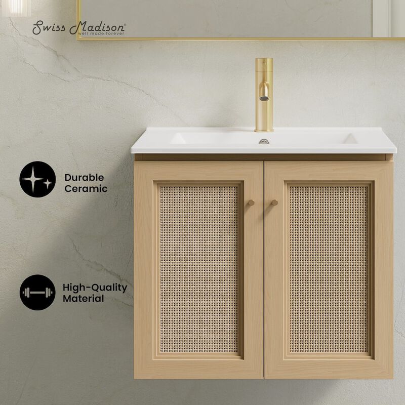24" Wall-Mounted Bathroom Vanity in Natural Oak, Single Faucet Hole Vanity Top image number 1