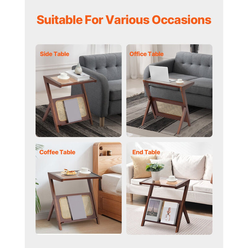 Z-Shaped Rattan Woven Wicker End Table with Tempered Glass Top