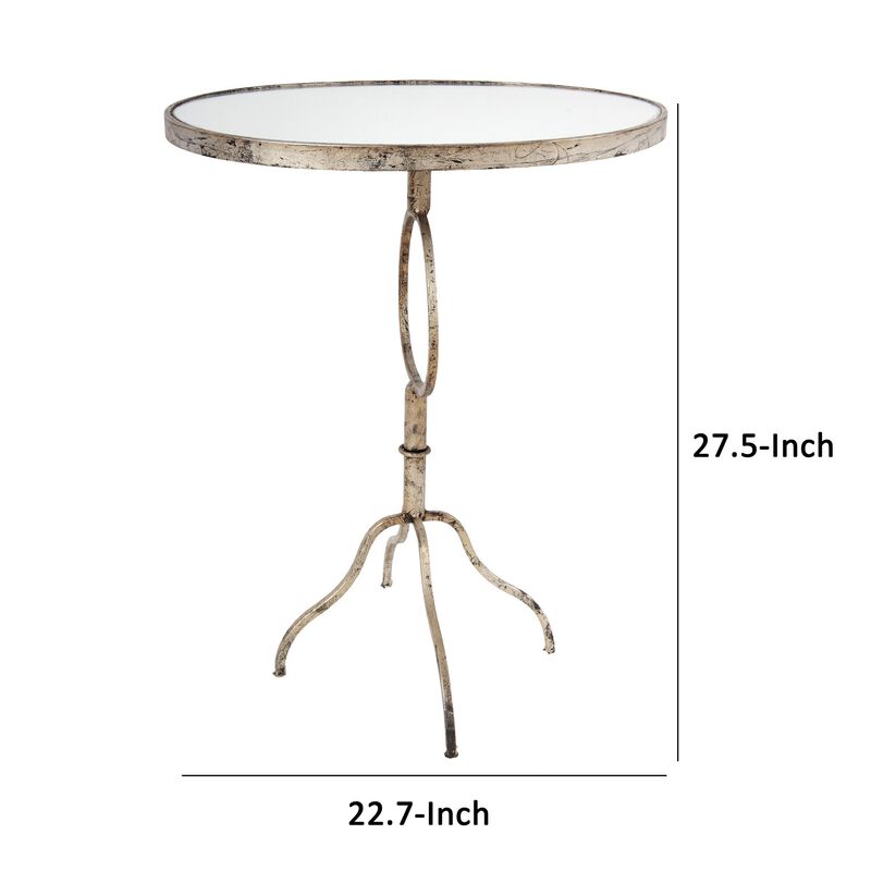 28 Inch Accent Side Table, Oval Mirror Top, Metal Base, Rustic Gold Finish - Benzara