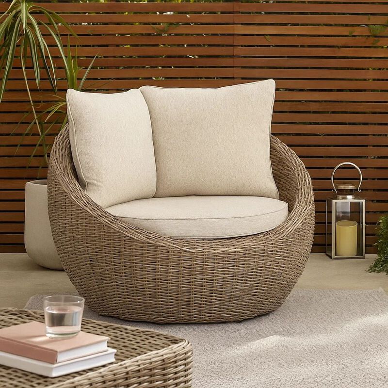 Swivel Outdoor Lounge Chair Set of 2, Beige Wicker, Nuvella Cushions