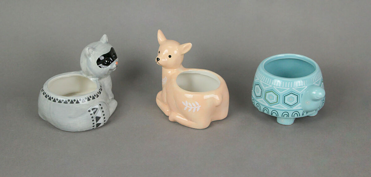3 Forest Critters Raccoon Deer and Tortoise Dolomite Ceramic Mini Planters