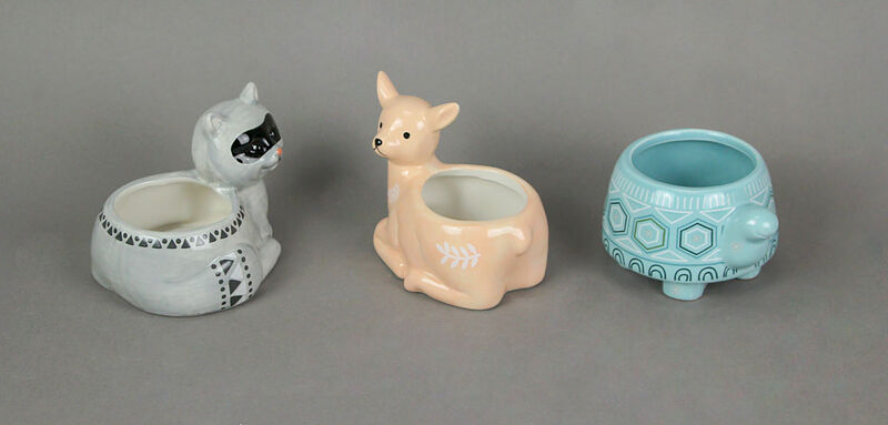 3 Forest Critters Raccoon Deer and Tortoise Dolomite Ceramic Mini Planters image number 1