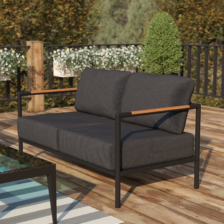Flash Furniture Lea Indoor/Outdoor Loveseat with Cushions-Modern Aluminum Framed Loveseat with Teak Accent Arms, Black with Charcoal Cushions