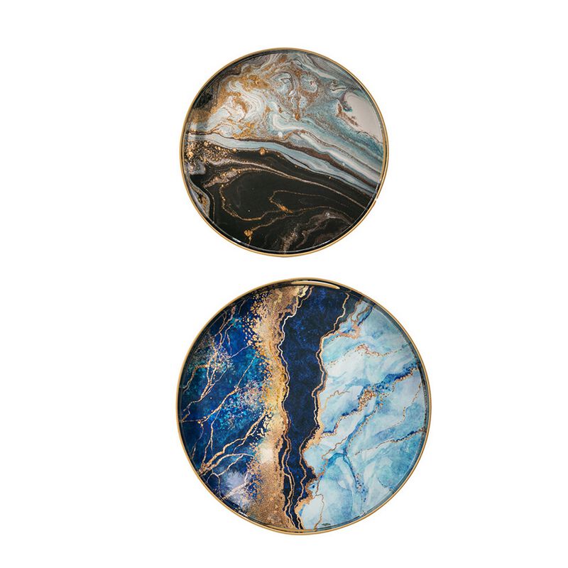 Set of 2 Round Decorative Trays, Tall Rims, Faux Marble, Blue, Gold - Benzara