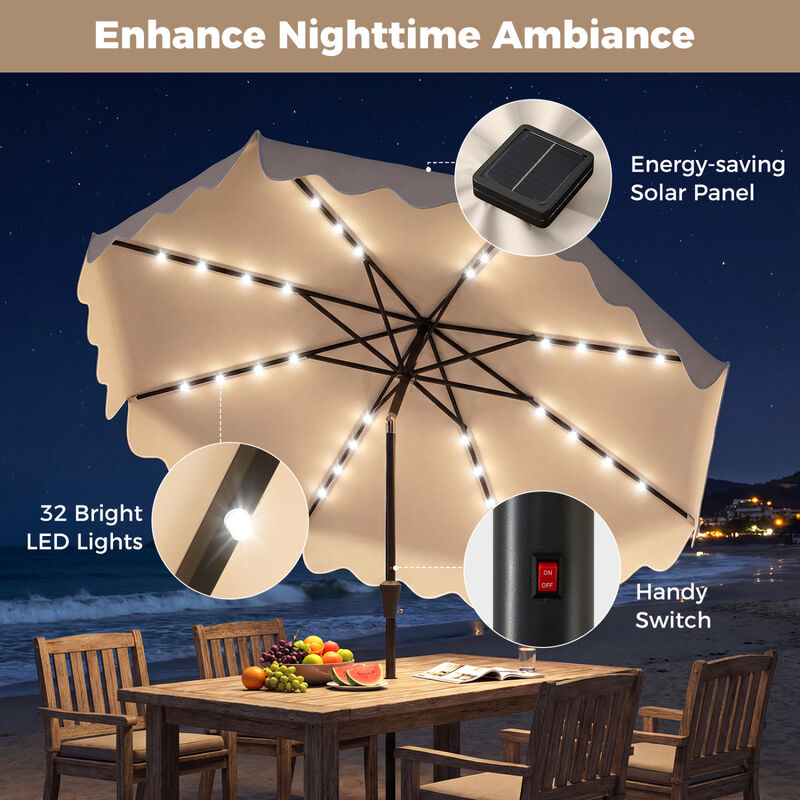 brown striped patio umbrella 10' Round Sunbrella Range Dune Stripe Outdoor Patio Umbrella with Faux Wood Metal Frame