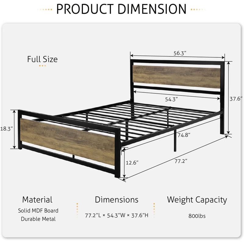 QuikFurn Full Metal Platform Bed Frame with Brown Wood Panel Headboard and Footboard