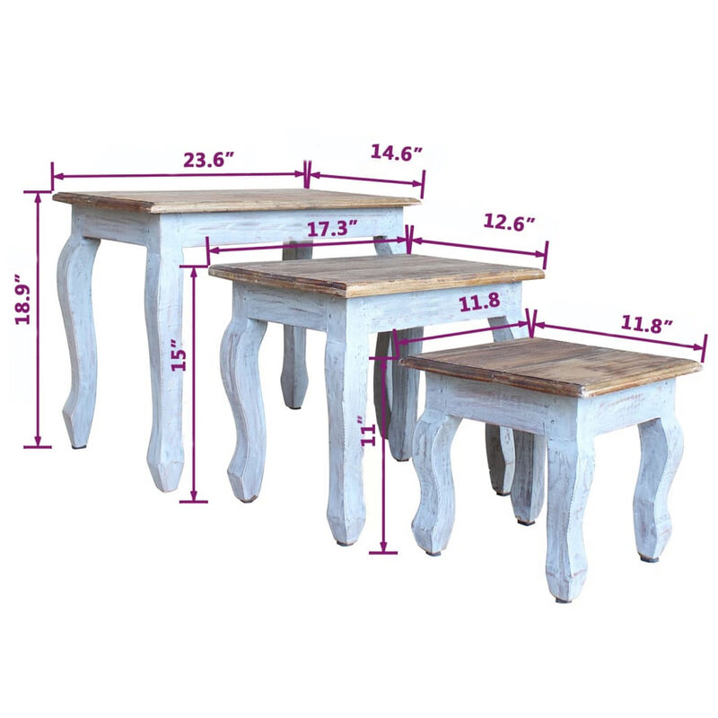 3pc Nesting End Table Set, Light Blue Turned Legs Brown Reclaimed Wood