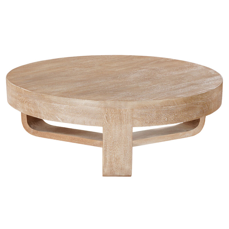 Milan Coffee Table, 32 Inch Round Top, Mango Wood with Sandblasted Natural Brown, Open Sled Base image number 2