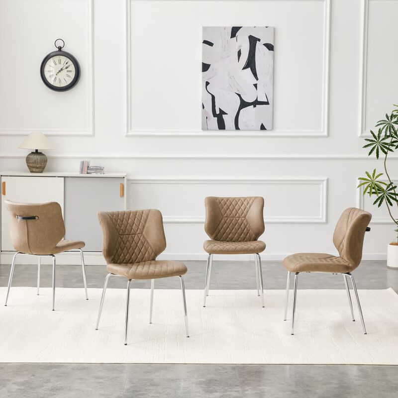 Set of 4 Leather Dining Chairs Square High Back Dining Chairs with Chevron Tufting Retro Dining Chairs with Metal Legs and Back Handle image number 4