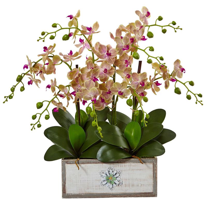 Nearly Natural 23-in Phalaenopsis Orchid Arrangement in Decorative Wood Vase