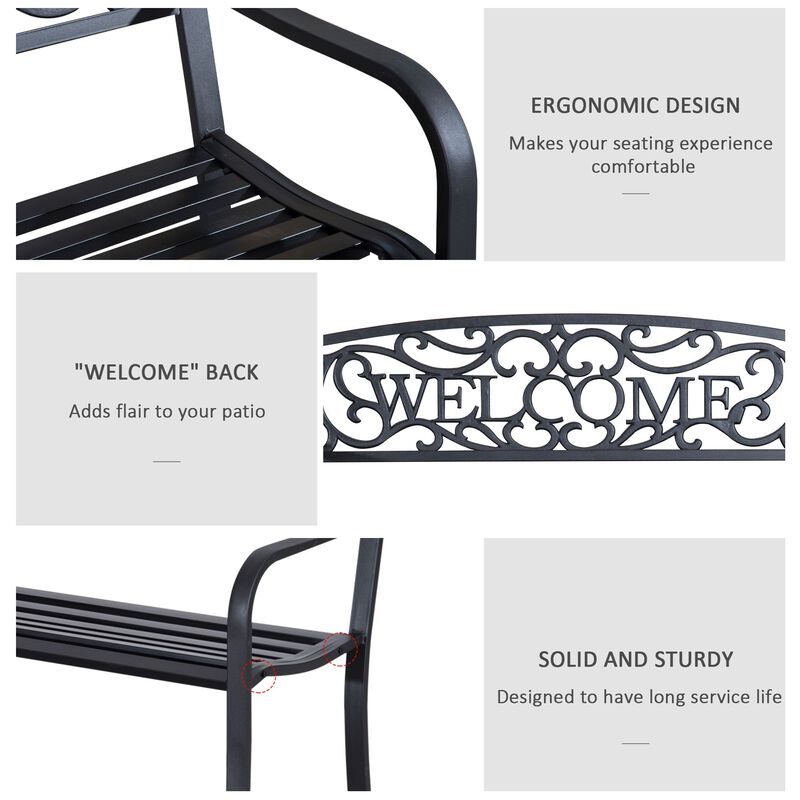 50 Inches Outdoor Metal Welcome Bench, Garden Bench with Slatted Seat, Black Patio Bench image number 5