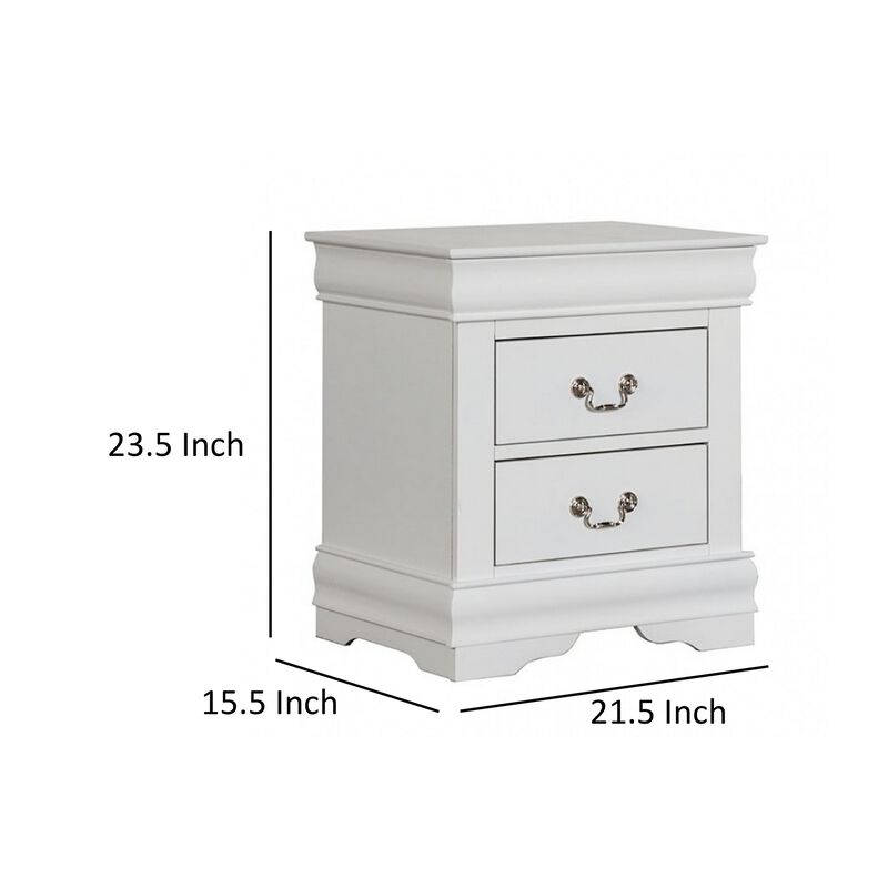 Ryla Nightstand, 2 Drawers, Classic White Solid Wood, Nickel Metal Handles - Benzara