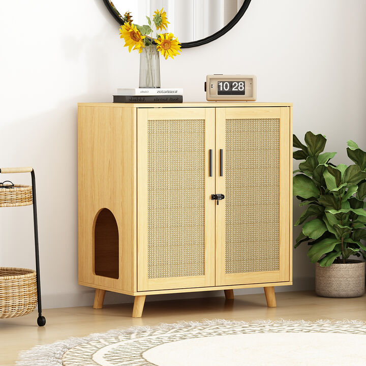 Cat Litter Box Enclosure with Lock Sisal Door, Modern Hidden Litter Box Furniture Cat Washroom Storage for Living Room