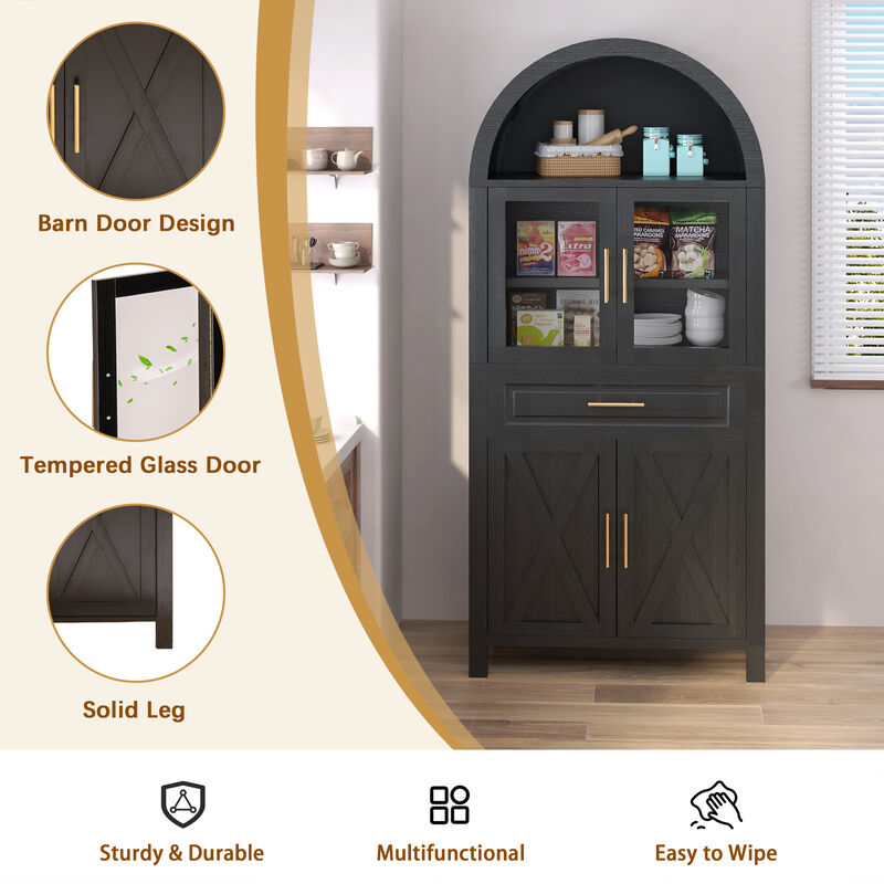 Merax Farmhouse Arched Glass Barn Door Pantry Cabinet - Adjustable Shelves & Built-In Racks image number 3